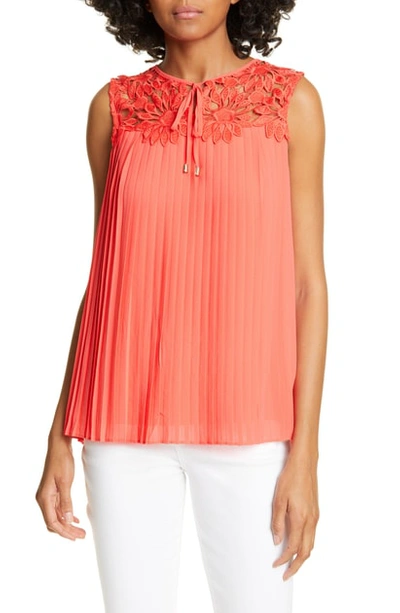 Ted Baker Sherbey Lace Yoke Pleated Sleeveless Blouse In Bright Red