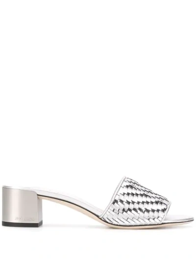 Jimmy Choo Joni 40 Silver Woven Metallic Fabric Slides