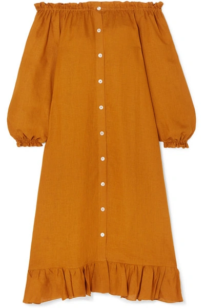 Sleeper Ruffled Off-the-shoulder Linen Midi Dress In Orange