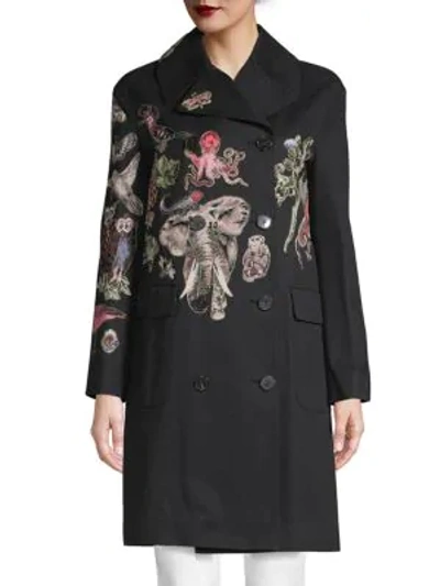 Valentino Animal Embroidery Double-breasted Trench Coat In Nero