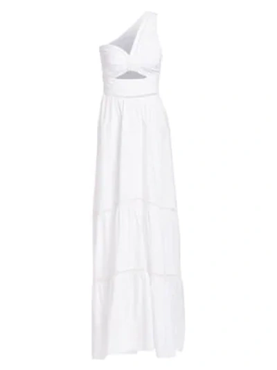 alc white one shoulder dress A.L.C. Delfina asymmetric one-shoulder cutout pliss-satin midi dress