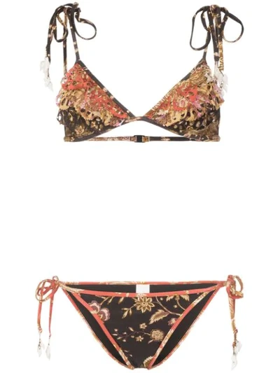 Zimmermann Veneto Shell-charm Floral-print Bikini In Black