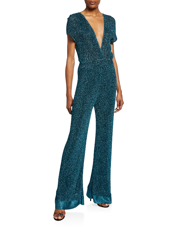 M Missoni Metallic Double VNeck ShortSleeve Flare Jumpsuit In Black