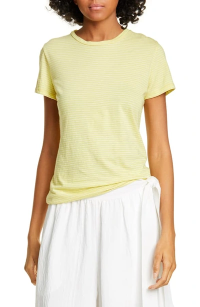 Vince Skinny Stripe Crewneck Bracelet-sleeve Cotton Top In Citrine/ Optic White