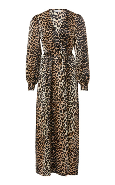 Ganni Leopard Print Long Sleeve Silk Satin Midi Wrap Dress In Multi