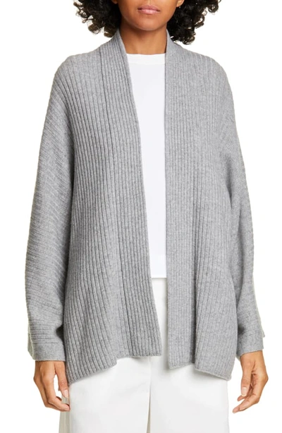 Vince Open-front Ribbed Cardigan With Split Panel In Medium Heather Grey