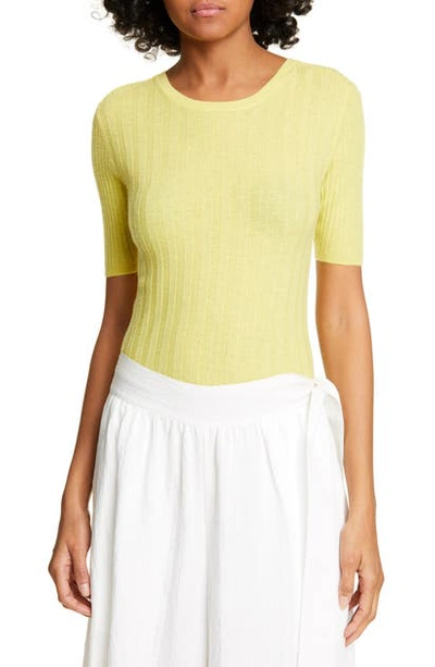 Vince Crewneck Elbow-sleeve Ribbed Cashmere Pullover In Citrine