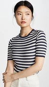 Vince Striped Elbow-sleeve Cashmere Top In Hematite/ Off White