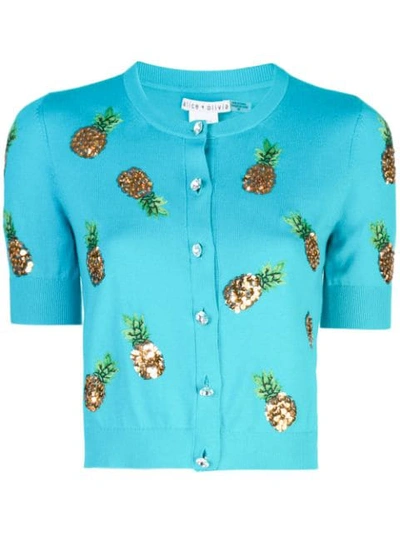 Alice And Olivia Brady Sequin Pineapple Button-front Crop Cardigan In Marine Blue Multi