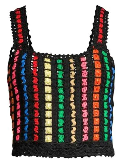 Alice And Olivia Lorri Cropped Crochet Tank Top With Ribbon Detail In Black Multi