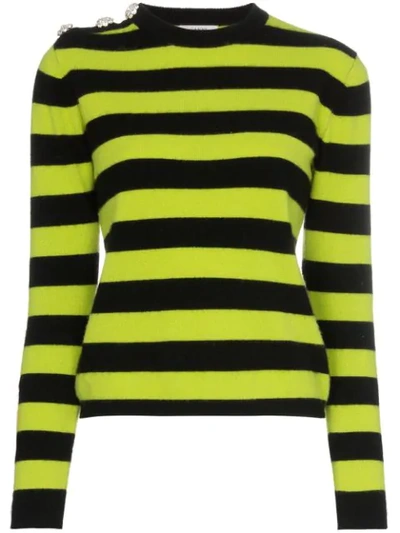 Ganni Button-embellished Striped Cashmere Sweater In Black