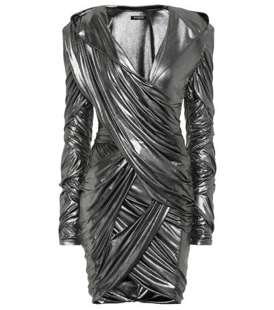 Balmain Hooded Lamé Minidress In Silver