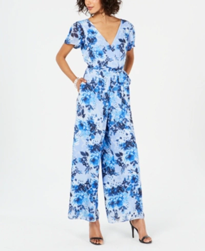 Donna Ricco Floral-print Tie-waist Jumpsuit In Blue Floral
