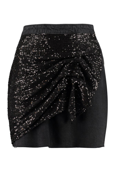 Pinko Sequined-front Denim Mini Skirt In Black