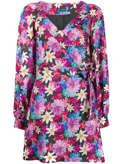 Pinko Long-sleeve Floral Wrap Dress In Zy5 Mult.nero/fuxia