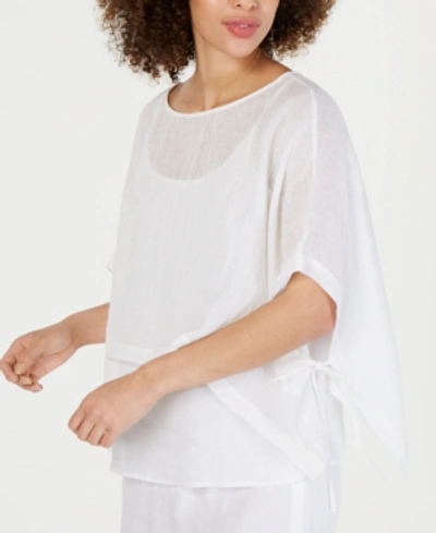 Eileen Fisher Organic Linen Gauze Short-sleeve Crop Tie Poncho In White