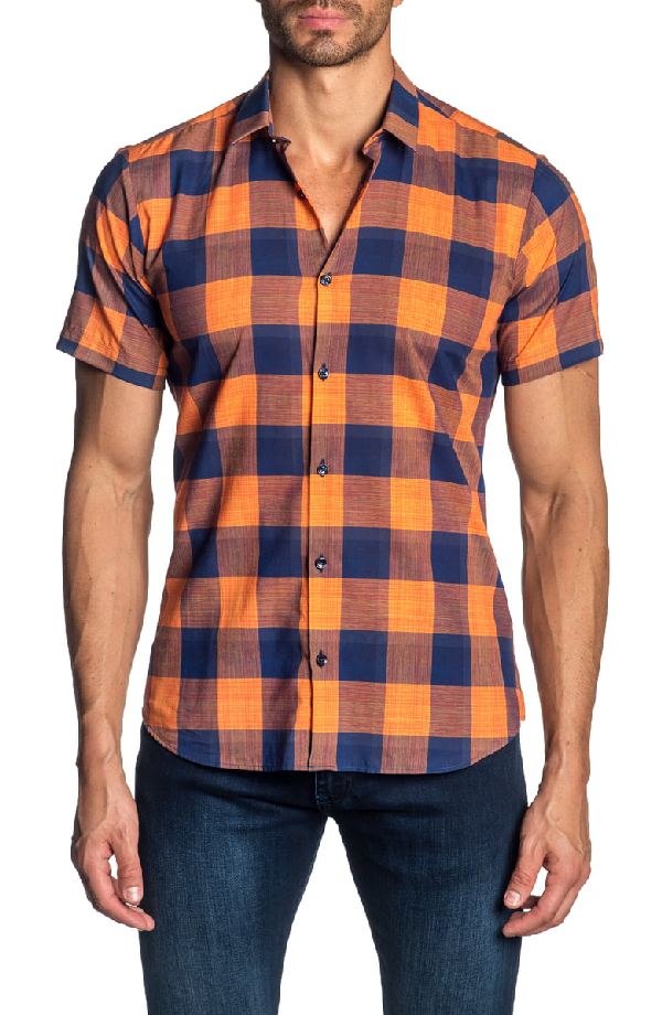 Jared Lang Trim Fit Check Cotton Sport Shirt In Orange - Navy Plaid ...