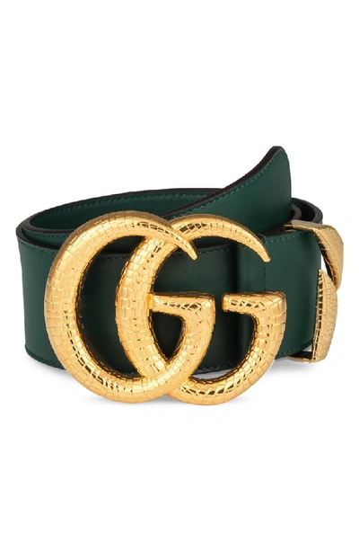 Gucci Smooth Leather Belt W/ Double G Buckle In Vintage Green