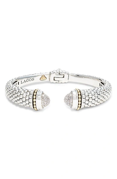 Lagos 18k Gold & Sterling Silver Caviar Diamond Cuff Bracelet, 12mm, Medium In White/silver