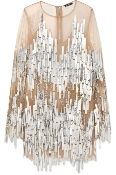 Balmain Embellished Tulle Mini Dress In Silver