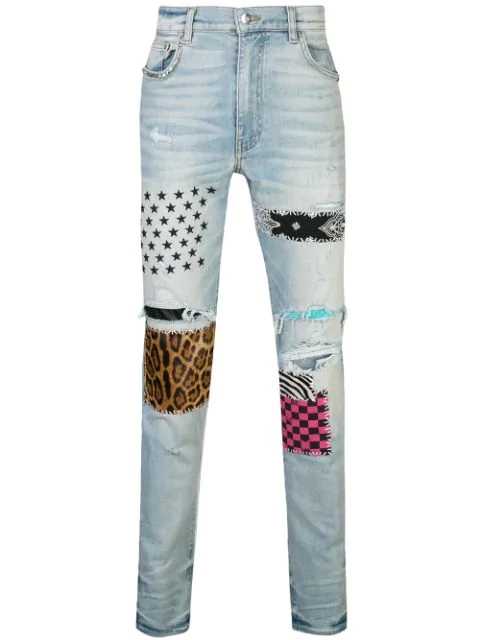 Amiri Embroidered Patchwork Skinny Jeans In Blue | ModeSens