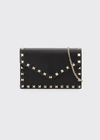 Valentino Garavani Rockstud Small Leather Flap Wallet On A Chain In Nero