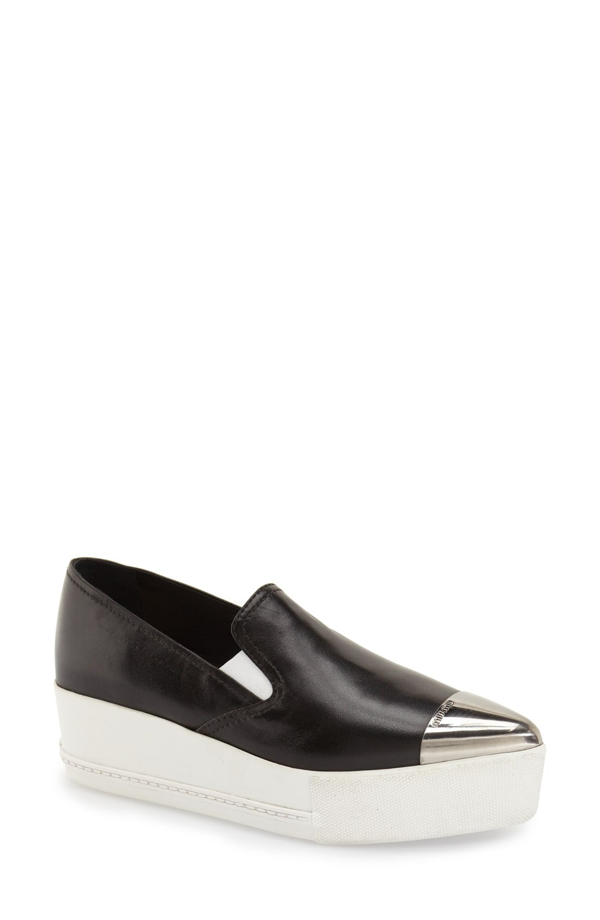 Miu Miu Cap Toe Leather Platform Skate Sneakers In Black/ Black | ModeSens