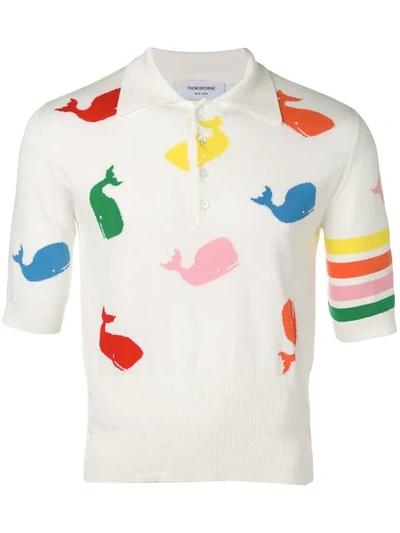 Thom Browne 4-bar Whale Icon Intarsia Polo In White