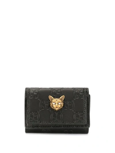 Gucci Feline Head Wallet In Black