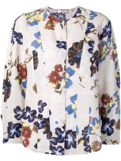 Sea Floral Print Collarless Shirt - Neutrals