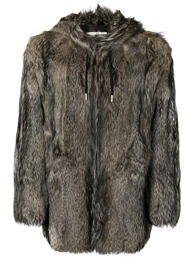 Saint Laurent Hooded Fox Fur Coat - Brown