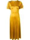 Alexa Chung Satin Midi Dress With Pleated-sleeved In Yellow