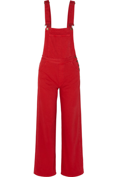 red denim overalls