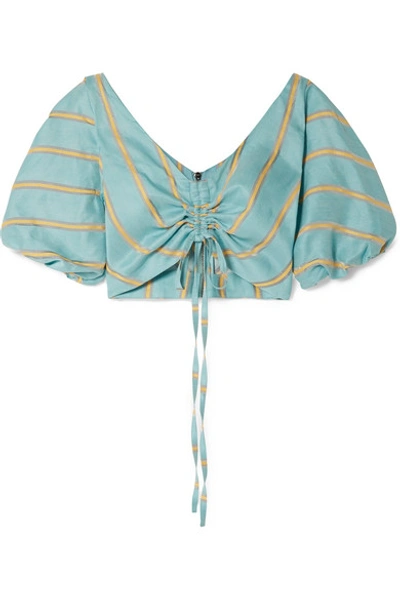 Paper London Caicos Cropped Gathered Striped Linen-blend Top In Turquoise