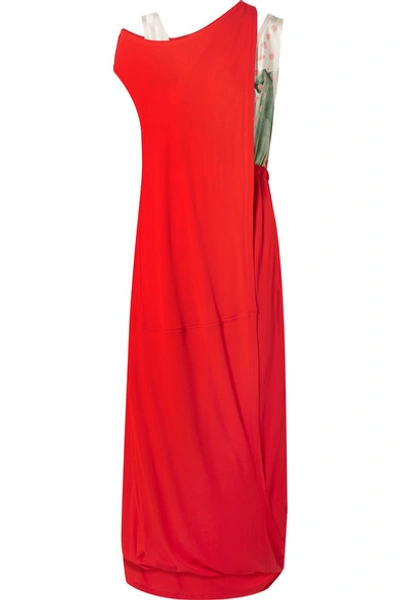 Marni Layered Jersey And Printed Satin Maxi Dress In Red