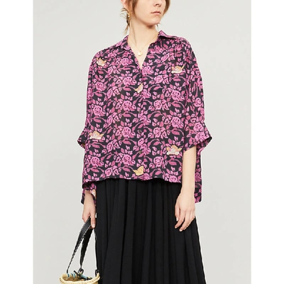 Loewe X Paula's Ibiza Floral Print Button-front Blouse In Black/pink