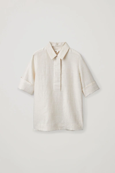 Cos Boxy Linen Shirt With Folded Sleeves In Beige