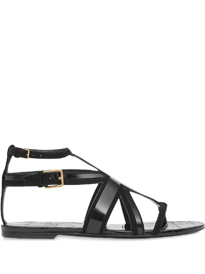 Burberry Union Jack Motif Leather And Suede Sandals In Black