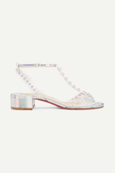 Christian Louboutin Faridaravie 25 Embellished Pvc And Iridescent Leather Sandals In Silver/white/metallic