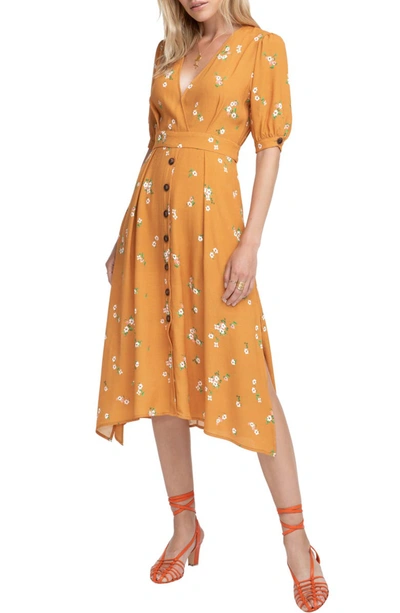 Astr Oakley Floral-print Short-sleeve Tie-waist Midi Dress In Apricot Floral