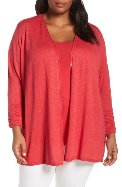 Nic + Zoe Plus Size Button-front Ruched Long-sleeve Cardigan In Cosmo Red