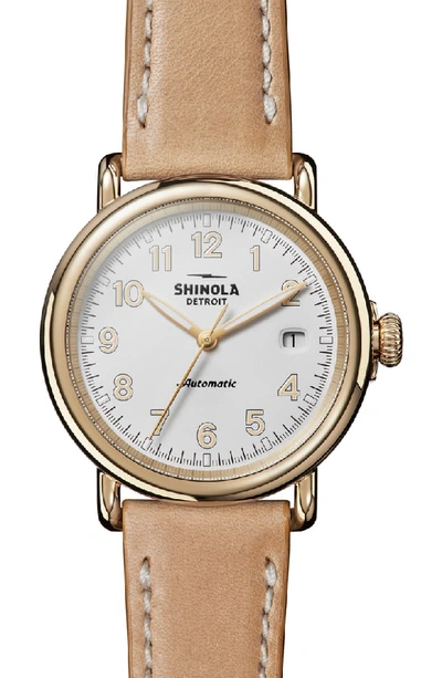 Shinola Runwell Automatic Leather Strap Watch, 40mm In Tan/ White/ Gold