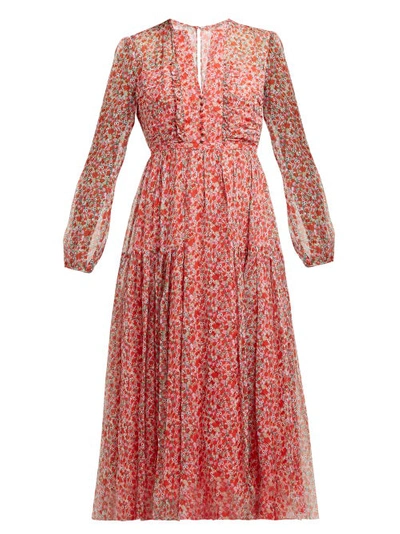 Saloni Yasmeen Floral Long Sleeve Silk Midi Dress In Red Poppyfield