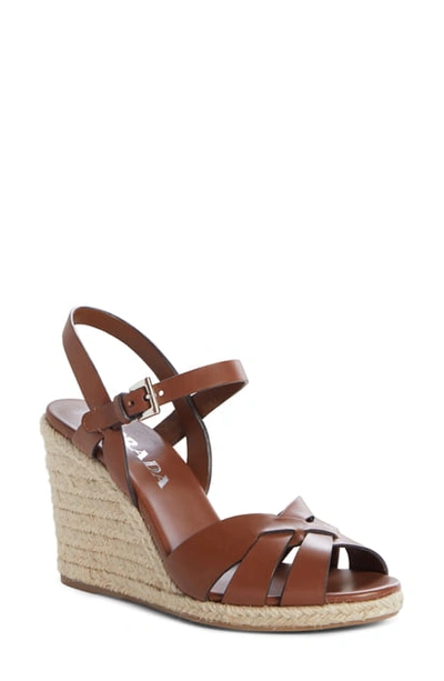 Prada Espadrille Wedge Sandal In Brandy Leather