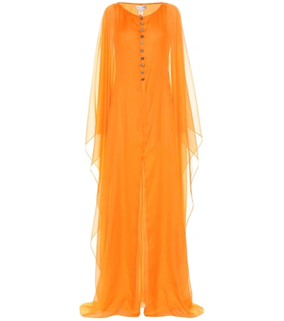 Oscar De La Renta Cape-effect Button-detailed Silk-chiffon Gown In Orange
