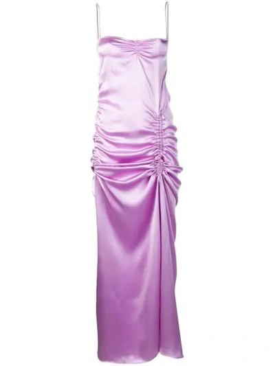 Priscavera Ruched Satin Slip Dress In Purple