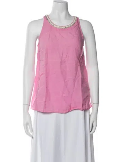 Pre-owned 120% Lino Linen Scoop Neck Top In Pink