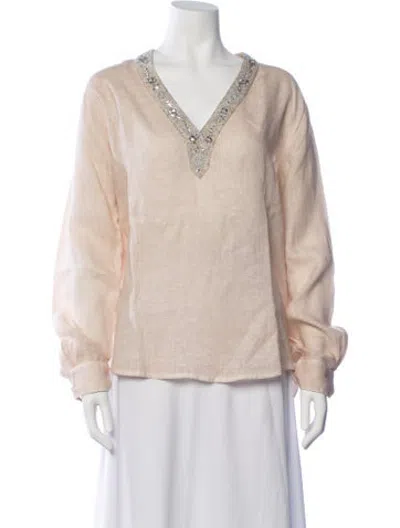 Pre-owned 120% Lino Linen V-neck Top In Neutrals