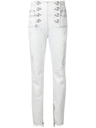 Balmain Shredded Button-front Jeans In Blue