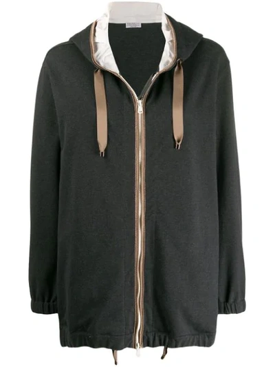Brunello Cucinelli Silk-trim Cotton Zip-front Hoodie In Grey